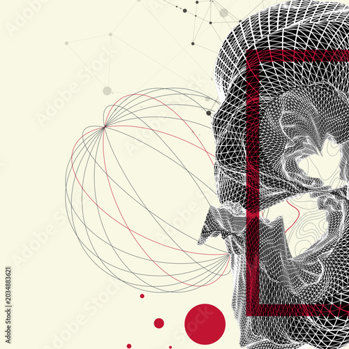Abstract art composition with wireframe waves, geometric shapes, dots, and lines. Vector