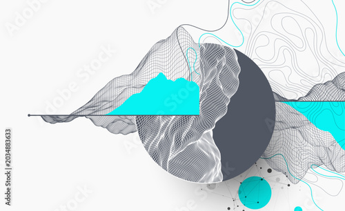 Trendy abstract wireframe background. Modern science art elements. Surface illustration inside circles. Vector
