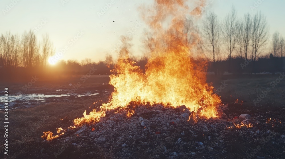 Fototapeta premium Large Bonfire Ignites in Rural Field at Sunset with Dramatic Flames and Smoke Billowing into the Evening Sky