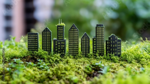 Miniature green city skyline nestled within lush moss and foliage, symbolizing sustainable urban development and ecological harmony.