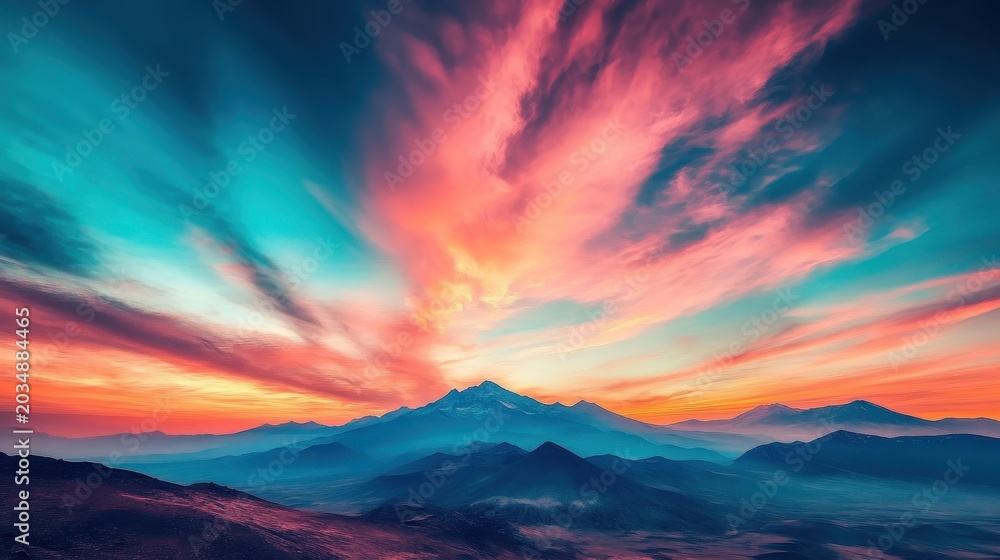 Obraz premium Majestic Mountain Peaks Illuminated by a Vibrant Sunrise Sky with Dramatic Clouds