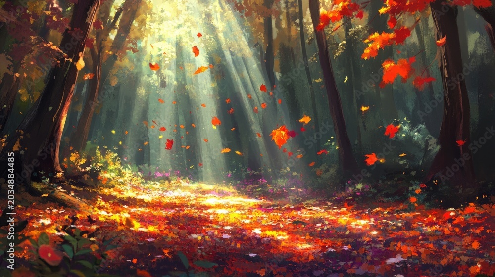 Fototapeta premium A sunlit forest with a rich carpet of colorful leaves and a sense of tranquility and balance