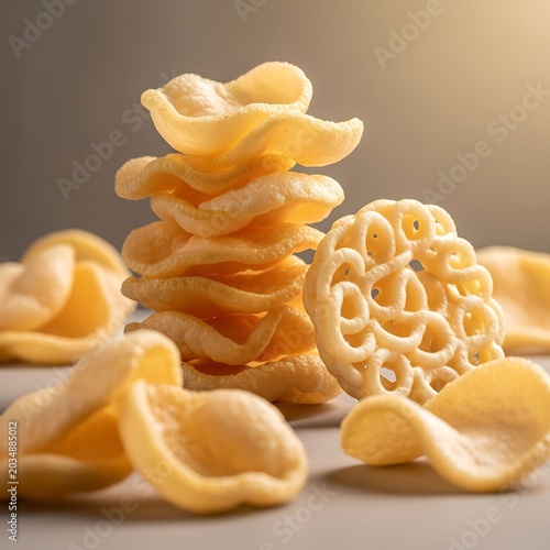 Crispy Prawn Crackers and Snacks Close Up on Grey Backdrop