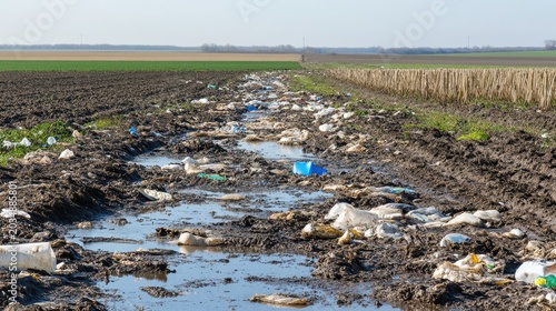Rural farmland polluted with plastic waste and muddy runoff under a clear blue sky.