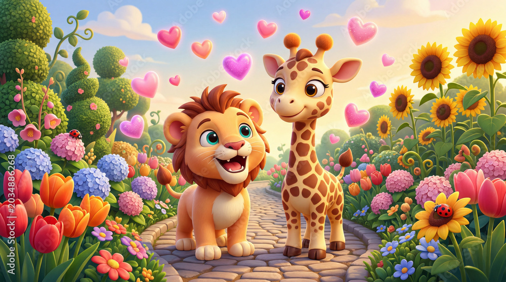 Naklejka premium A cartoon lion and giraffe standing on a path in a vibrant flower garden with hearts floating above them.