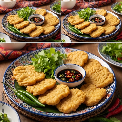 Delicious Fried Fish Cakes Served with Dipping Sauce Display