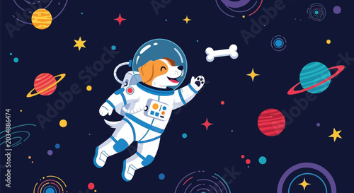 Foto Cute astronaut dog flying in outer space with planets, stars, and bone