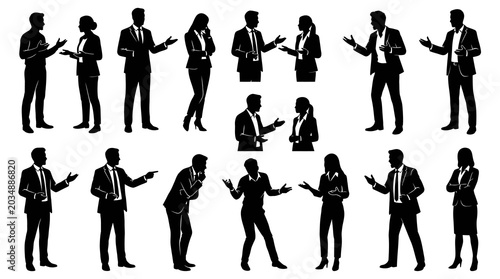 Business People Silhouette Glyphs Set. Professional Communication, Discussion and Interaction Vector Collection