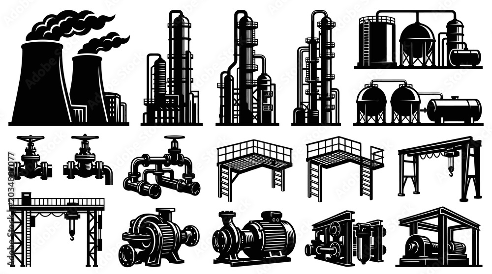 Obraz premium Industrial Factory Plant Equipment Icons Set - Oil Gas Energy Production and Manufacturing Monochrome Vector Glyphs