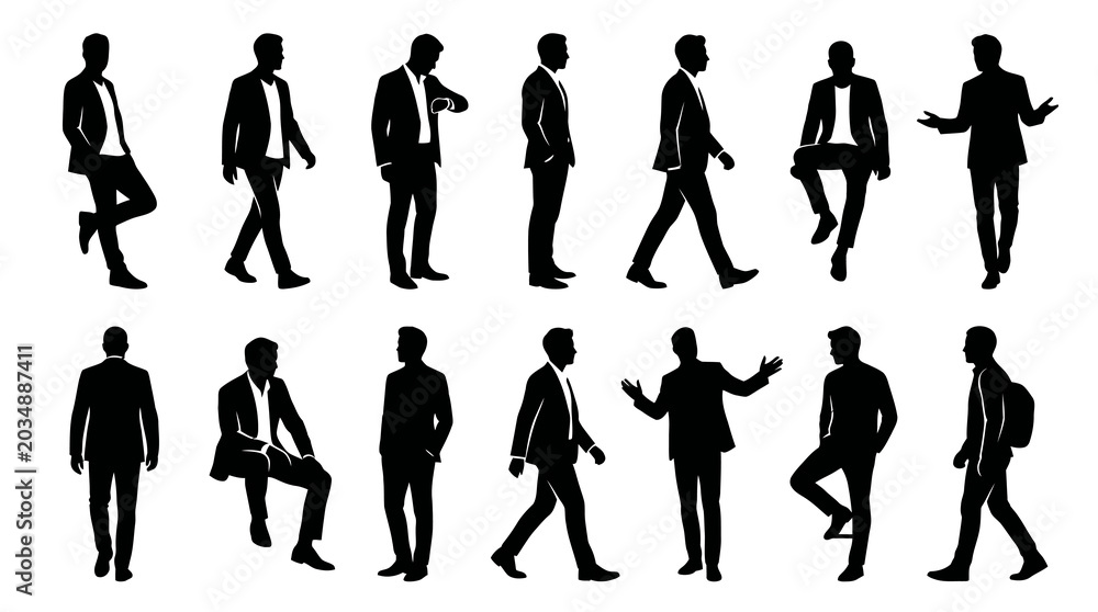 Fototapeta premium Black and White Silhouette Icons of Men in Suits Posing