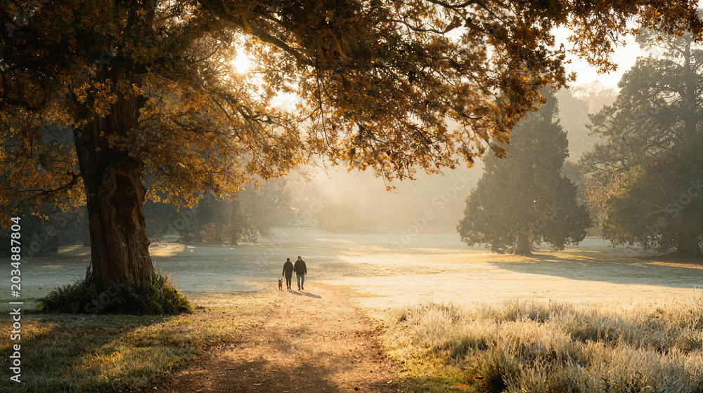 Fototapeta premium Couple walking their dog on a frosty autumn morning path through a park