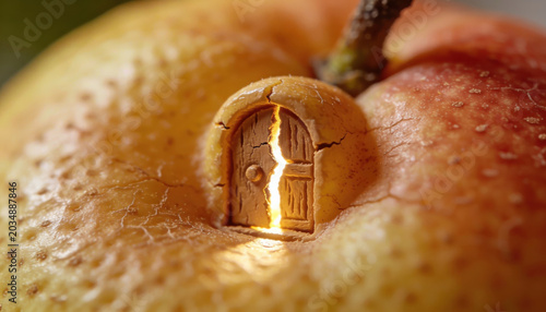 Tiny door on fruit glowing light from crack on apple skin close up macro photography