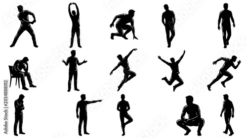 Black and White Silhouettes of Men in Various Poses, Sports, and Actions