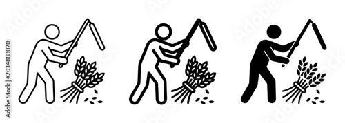 Quadro su tela Agricultural Harvest Icons: Farmer Threshing Wheat with Scythe, Rural Farming Pr