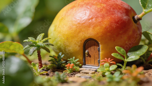 Tiny wooden door on ripe fruit creates charming miniature scene with small plants and natural soil around it