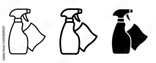 Tableau sur toile Cleaning Spray Bottle and Cloth Icons, Vector Set: Outline, Line Art, and Silhou