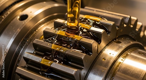 Close up view of industrial metal gears being lubricated by a continuous stream of golden machine oil.