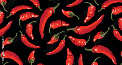Red chili peppers seamless pattern on black background vegetable vector illustration