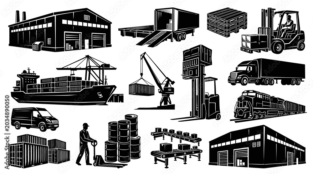 Obraz premium Industrial Logistics Transportation Icons Set - Black White Silhouette Vector Collection