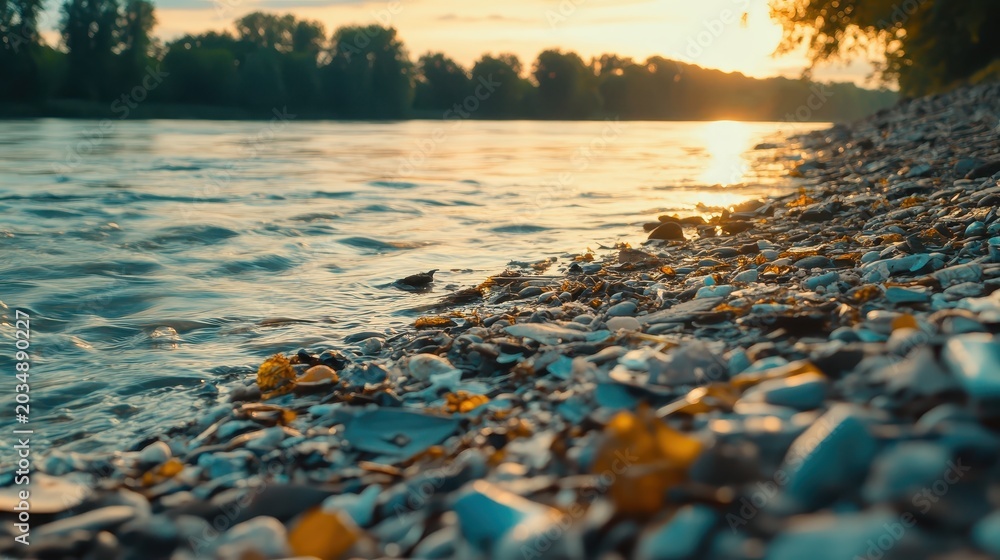 Obraz premium Microplastic Contamination on a River Shore During Dramatic Daylight with the Sun Setting Over the Water