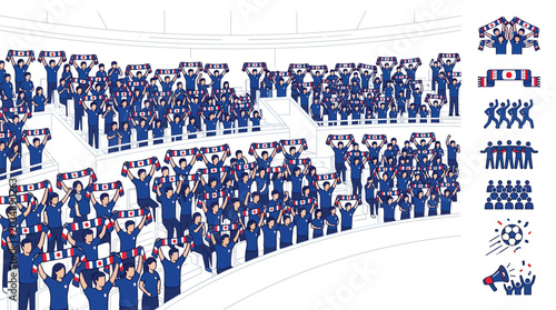 Flat vector illustration of a large crowd of sports fans in blue jerseys cheering in stadium bleachers, holding scarves with the Japanese flag motif during a soccer match.