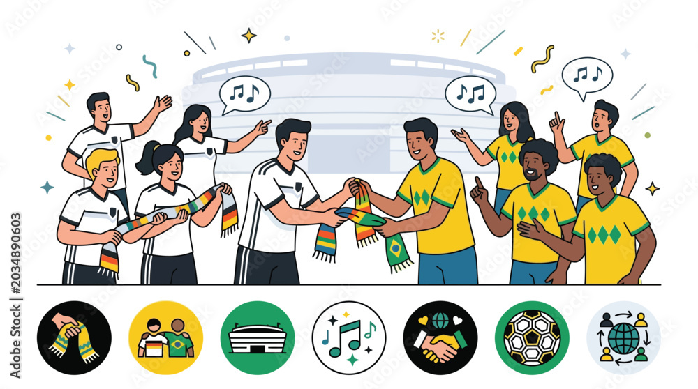 Fototapeta premium Clean flat vector illustration of diverse football fans from different nations exchanging scarves outside a stadium, representing sportsmanship, fair play, and global fan unity.