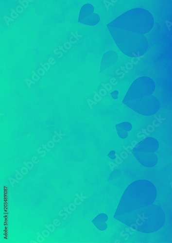 Cyan to Blue Gradient Background with Teal Watercolor Texture and Hearts