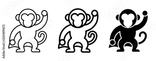 Photography Monkey Icon Set, Simple Line Art and Silhouette Graphics, Playful Primate Vector