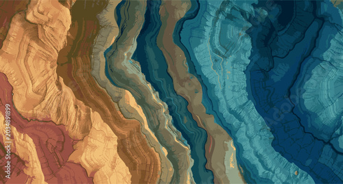 Abstract topographic map vector background. Layered mineral stone texture with turquoise blue and terracotta orange waves