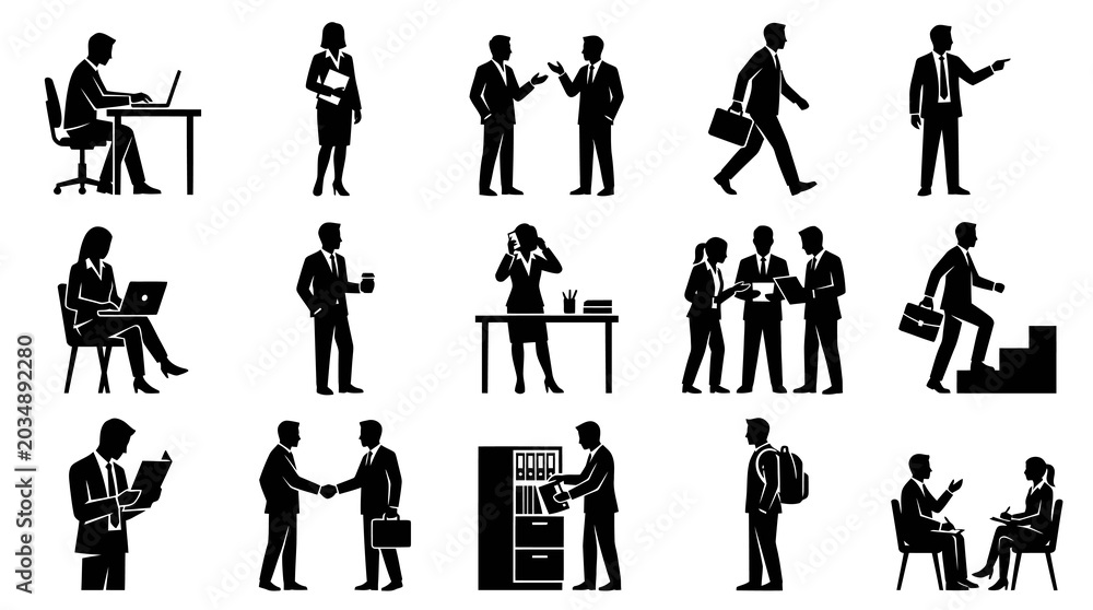 Fototapeta premium Business Professionals Silhouette Vector Icons Set - Corporate Office Workers and Executive Activities