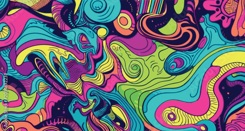 Abstract psychedelic background with vibrant neon fluid shapes and trippy lines
