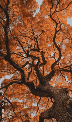 Low angle view of old autumn tree with twisted branches and orange leaves