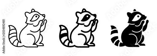 Konstfotografi Raccoon Icons Set, Cute Animal Graphics, Stylized Wildlife Vector Art, Black and