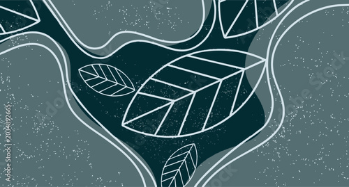 Cute floral seamless pattern with hand drawn forest botanical branches on dark navy background