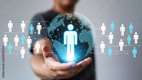Business team holding global network connection with digital technology icons for innovation and communication strategy