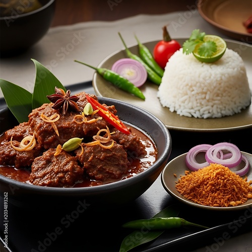Delicious Beef Rendang with Rice and Garnish on the Table