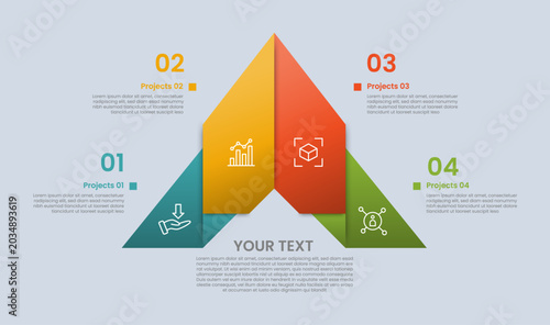 Pyramid base shape infographic with glossy gradient style with paper art style with flipping part side on top direction with four segment information