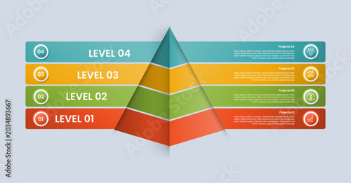 Pyramid base shape infographic with glossy gradient style with 3d shadow layer with long rectangle box stacked list with four segment information