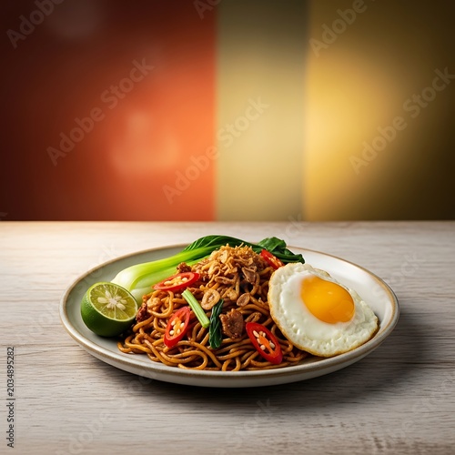 Delicious Asian Noodles with Egg and Vegetables Front View