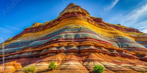 Striking Vista of a Multi-hued Sedimentary Rock Formation Under a Vivid Blue Sky