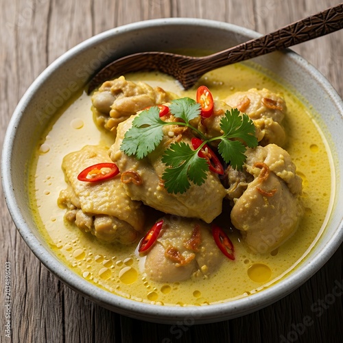Delicious Chicken Curry Bowl on Rustic Wooden Table