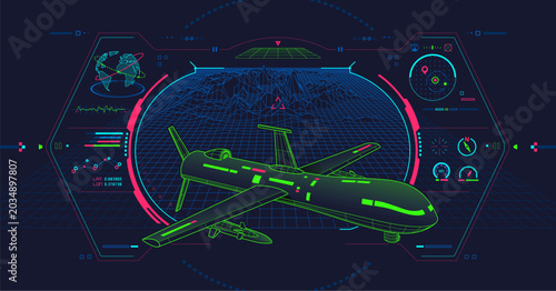 Military Reconnaissance Drone HUD Dashboard with Combat UAV Wireframe and Tactical Interface