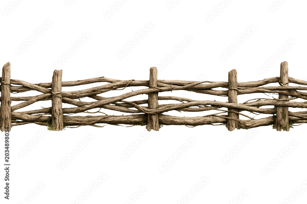 Obraz premium Rustic Wooden Fence Made of Tree Branches Isolated on Transparent Background