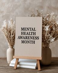 A beige card on a wooden easel displaying "MENTAL HEALTH AWARENESS MONTH" surrounded by dried plants and books.