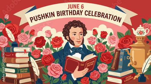 Canvas Print June 6 Pushkin Birthday Celebration Illustration with Roses and Books