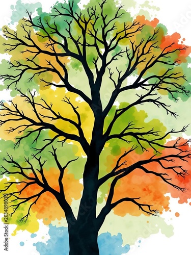 Stylized abstract tree shapes with vibrant watercolor washes, perfect for artistic projects,  unique,  whimsical