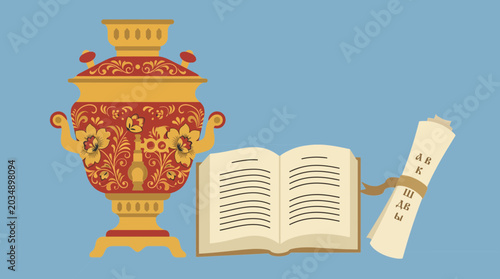 Photos Ornate Russian Samovar Beside Open Book and Poetry Scroll