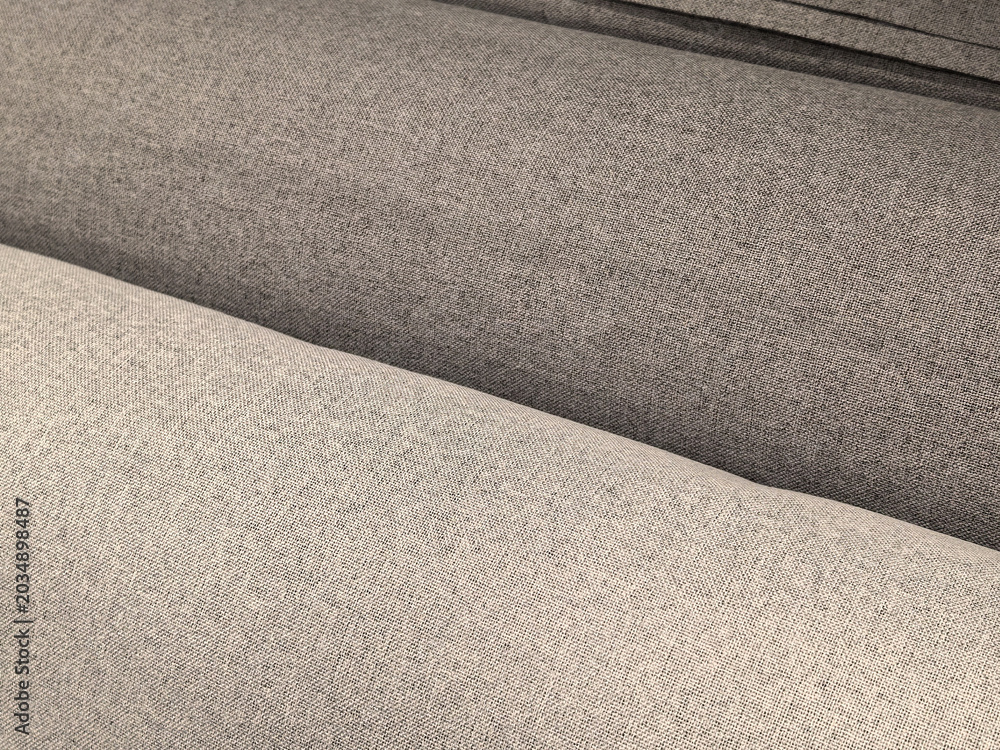 Fototapeta premium Beige and gray linen upholstery fabric close up texture on sofa