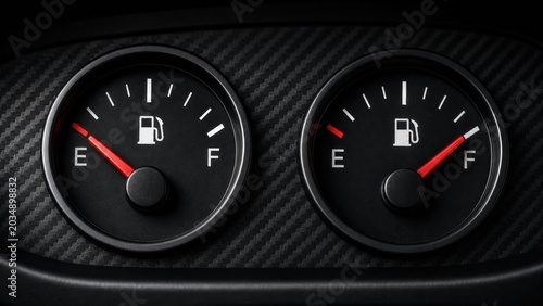 Modern automotive dashboard fuel gauges showing empty and full levels against a premium carbon fiber texture represent vehicle energy management and efficiency