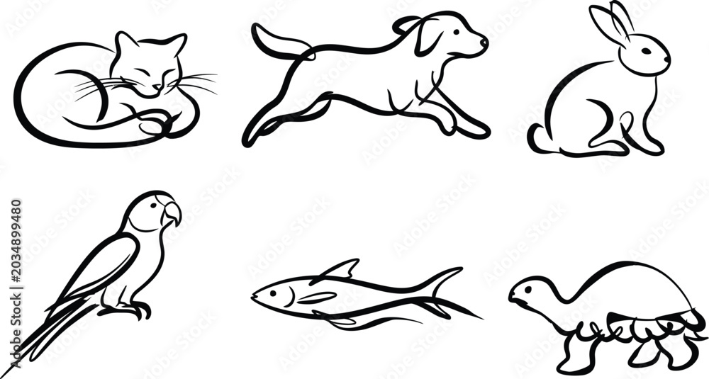 Fototapeta premium Animal Collection line drawings: cat dog rabbit parrot